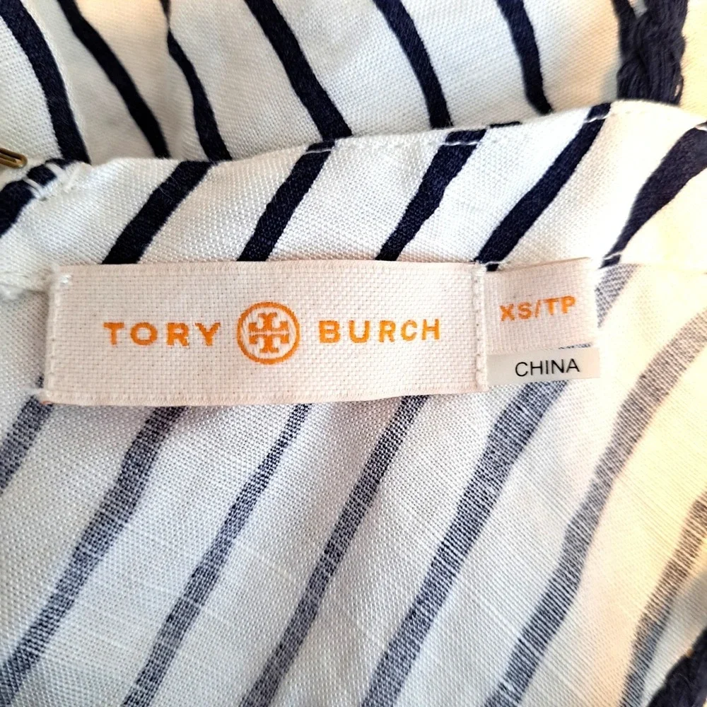Tory Burch Striped Halter Dress Women XS Blue White Linen Rayon Tassel Tie Beach